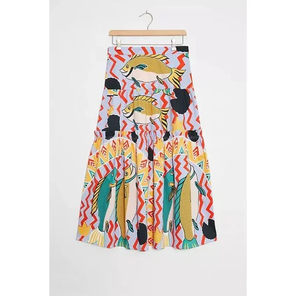 Eva Franco Anthropologie Summer Fish Ocean Tiered Midi Skirt - Picture 4 of 4
